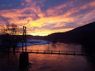 Swinging Bridge Sunset in Snow
